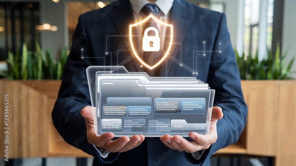Poster data protection: a professional in a business setting showcases a digital document folder secured by