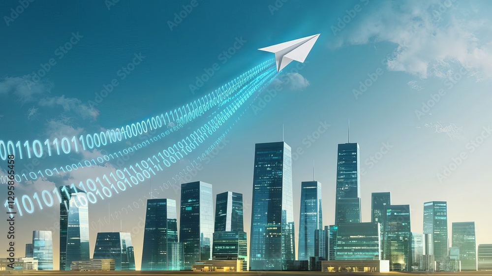 Poster digital ascent: a paper airplane soars above a modern cityscape, leaving a trail of binary code that
