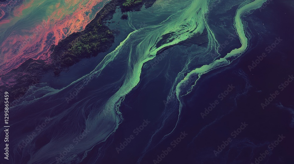 Poster abstract water surface with colorful algae patterns and organic swirls captured from above in dramat