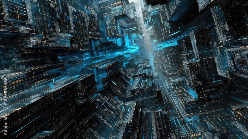 Poster Abstract picture vibrant particle in geometric shape represent data flow. Vivid flowing object with high tech fractal, create digital effect scene perfect for energetic, cyber wallpaper design. AIG53.