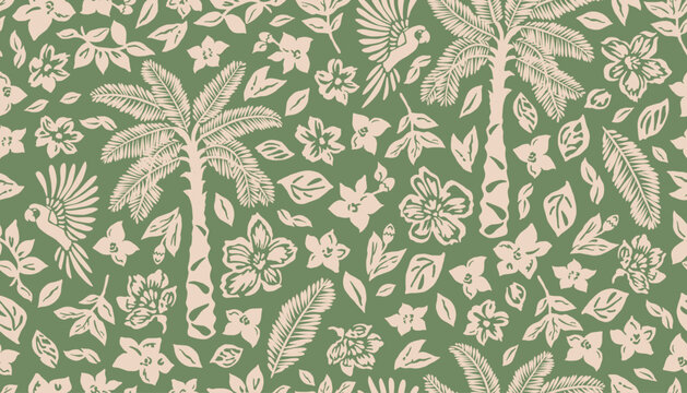 Tropical seamless pattern with hand drawn palm trees. Hawaiian summer background with florals and birds for fabric, textiles, clothing, poster, cover, banner, wallpaper, decor. Vector illustration.