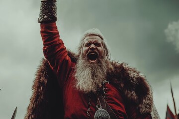 Obraz premium Warrior raises arm in triumph at a dramatic medieval reenactment in a forest clearing