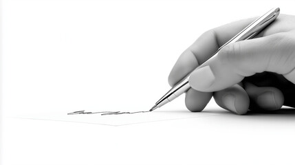 Professional hand gripping pen, signing legal document against white backdrop, capturing formal business contract execution moment
