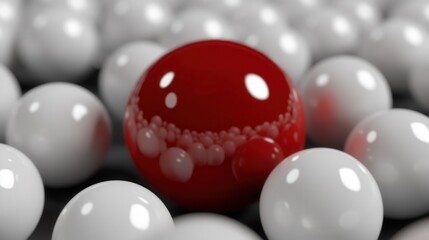 Red Sphere Surrounded by Glossy White Spheres on Dark Background
