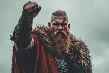 Nordic warrior stands defiantly with raised fist against a cloudy sky in a dramatic landscape