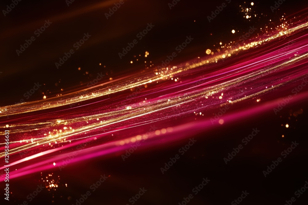 Poster a vibrant abstract background featuring dynamic lines in shades of pink and gold, with sparkling par