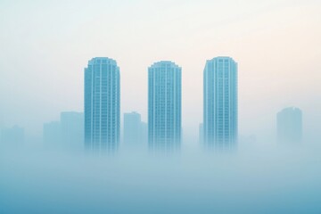 Naklejka premium A serene view of three tall skyscrapers partially obscured by a thick layer of fog, creating a mystical atmosphere in a cityscape.