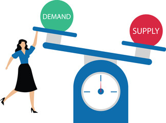 Supply and demand with seesaw showing high demand and low supply, businesswoman try to make it in balance or equilibrium for global