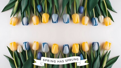 Top view of yellow and blue tulips with leaves on white background, banner