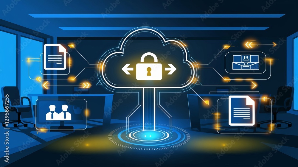 Poster cloud security and digital privacy: a conceptual illustration depicts a secure cloud with a lock ico