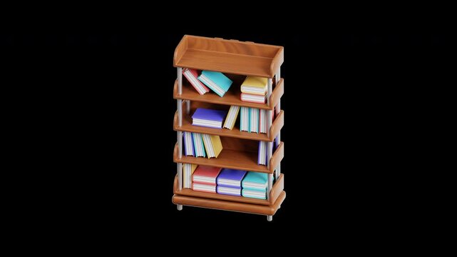 3d bookshelf icon alpha channel transparent background looping animation video with the same duration. 3d render.