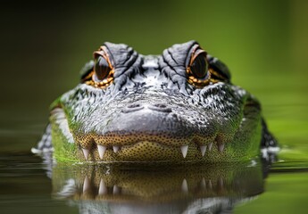 Obraz premium Close-up of a Green Alligator Head Emerging from Water with Sharp Teeth Under Natural Light in a Serene Environment