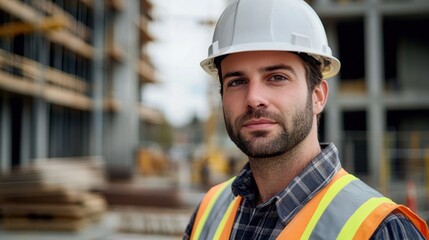 Confident male construction worker in safety gear standing at a construction site, showcasing professionalism and dedication to his work environment