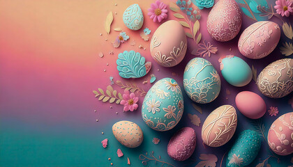 Easter-themed pastel gradient background with floral motifs and scattered, decorated eggs in soft hues.