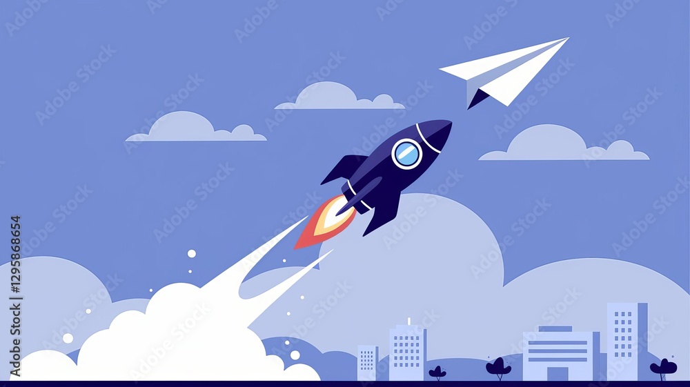 Poster soaring ambition: a dynamic image depicting the launch of a rocket and a paper airplane against a ba