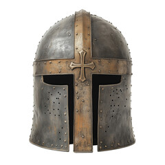 Templar great helm with cross decoration and ventilation holes, isolated on a transparent background.