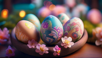 Fototapeta premium Easter eggs with intricate pastel designs, surrounded by spring flowers and soft greenery in a hand-drawn style.