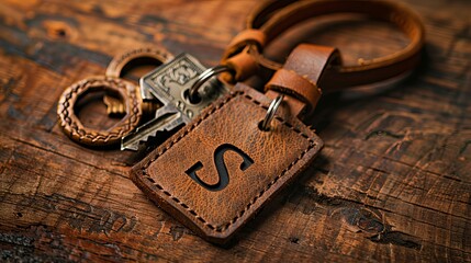 A rustic leather keychain featuring a letter 'S' lays on a textured wooden surface.