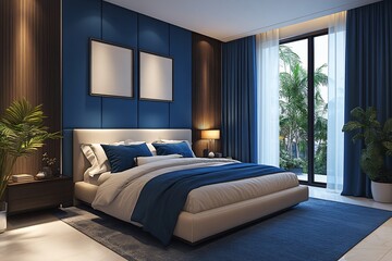 A modern hotel bedroom in elegant blue tones, offering a relaxing and luxurious atmosphere.