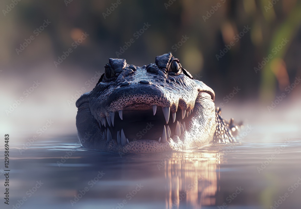 Poster close-up of a large alligator emerging from a foggy swamp, showcasing sharp teeth and intense expres