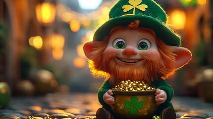 Cheerful Leprechaun in Green Hat Holding Pot Overflowing with Gold in Festive Street
