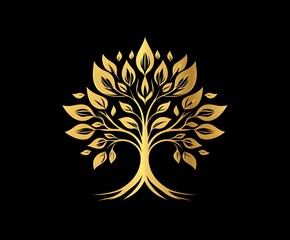 Obraz premium Artistic gold tree design with intricate leaves and roots on a black background
