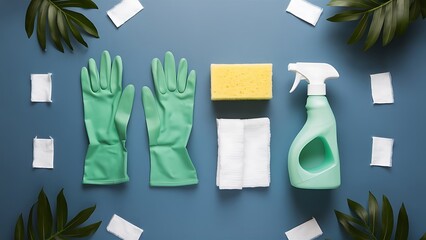 Top view of green rubber gloves, sponge, rag and spray bottle with detergent on blue background with copy space