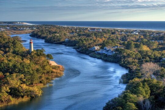 Oak Island Landscape: Aerial View of Lighthouse and Waterway with Coastal Scenery