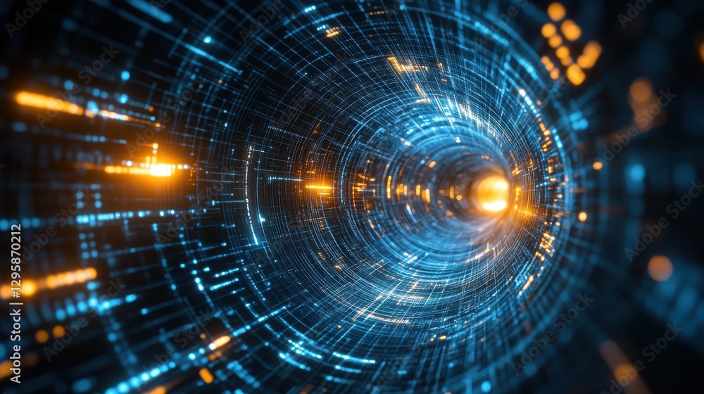 Poster abstract futuristic tunnel with glowing lights and digital particles in vibrant colors representing 