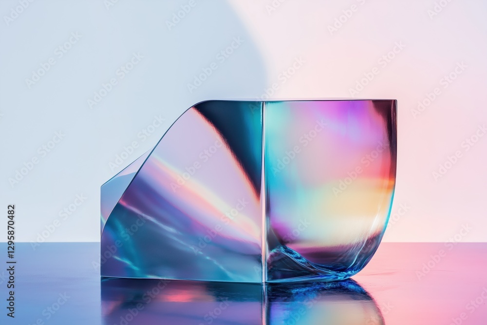 Poster a modern, abstract sculpture made of transparent material, reflecting a spectrum of colors. the scul