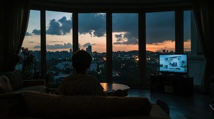 Person watching the television with a cityscape sunset view