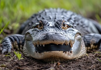 Obraz premium Close-up of a Large Alligator Resting in Natural Habitat Surrounded by Lush Green Grass Under Bright Daylight with Intricate Skin Textures and Sharp Teeth