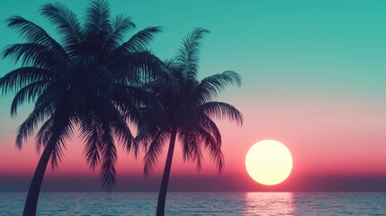 Serene Sunset Over Ocean with Silhouetted Palm Trees