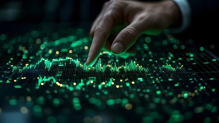 a glowing neon green stock market graph appears on a digital black screen. a businessman’s hand, elegantly dressed in a suit, is pointing at the rising trend. the graph highlighting financial growth. 