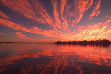 Stunning sunset over a calm lake, with vibrant colors in the sky and clouds perfectly mirrored in the water