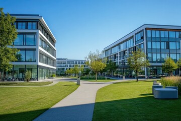 Modern office complex courtyard, sunny day, landscaped grounds, business park