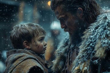 Father and son share a moment in a snowy wilderness setting during a historical struggle for survival