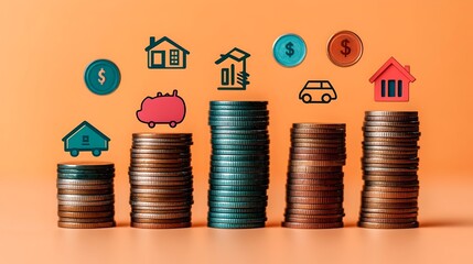 stacks of coins increasing in height, above them, floating digital icons including a car, growth chart, piggy bank, home, and graduation cap appear, symbolizing financial goals.