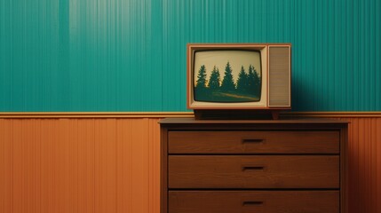 Vintage Television on a Wooden Dresser with Colorful Wall Background