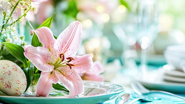 Delicate Easter table setting with an accent on pink lilies and Easter eggs in pastel colors