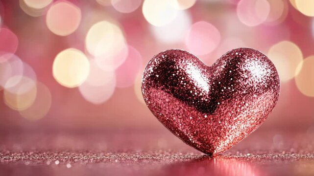 Sparkling pink heart decoration shines against a colorful bokeh background creating a festive atmosphere