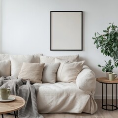 Neutral-toned contemporary home decor mockup featuring framed wall art and modern furniture, ideal for lifestyle blogs, interior design apps, and furniture brand campaigns.