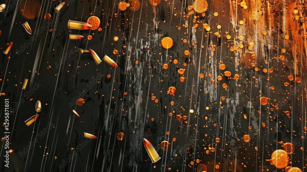 Poster a captivating artistic design featuring an orange and black background scattered with rifle shells, 