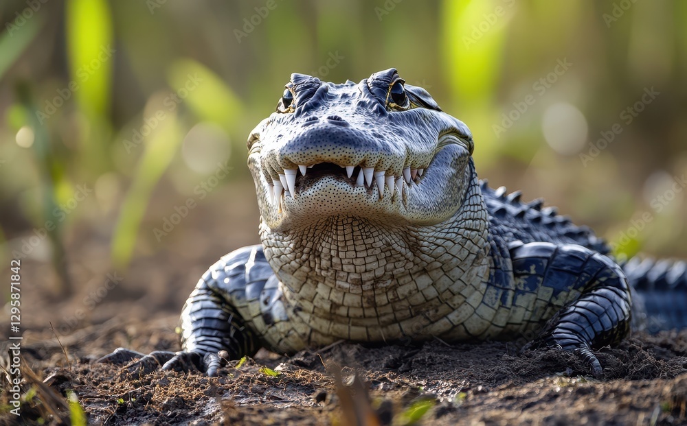 Poster close-up of a large alligator with striking features and sharp teeth surrounded by lush greenery in 