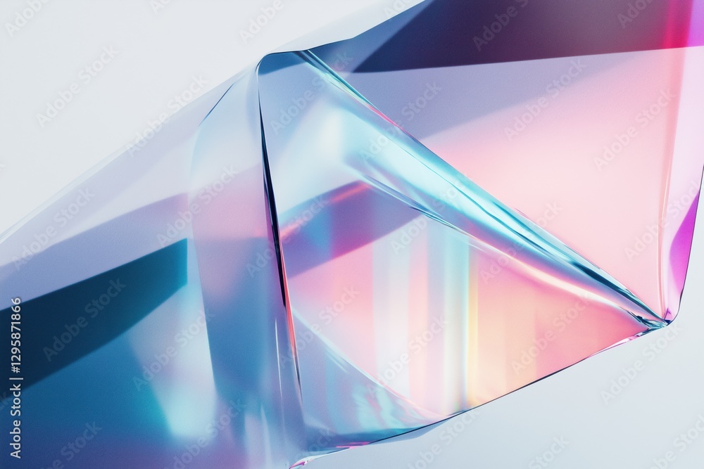 Poster a close-up of a colorful, translucent geometric shape with smooth edges, reflecting light in various