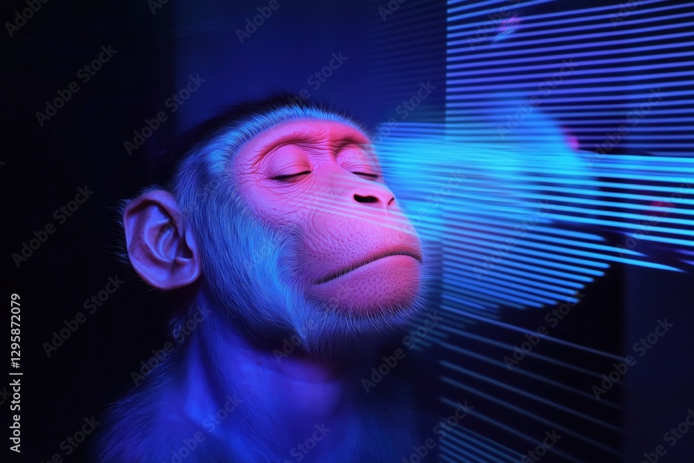 Poster a stylized monkey with closed eyes, illuminated in vibrant blue and purple lights, creating a surrea