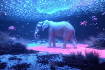A surreal underwater scene featuring a large elephant walking on a vibrant pink surface, surrounded by colorful fish and glowing lights above.