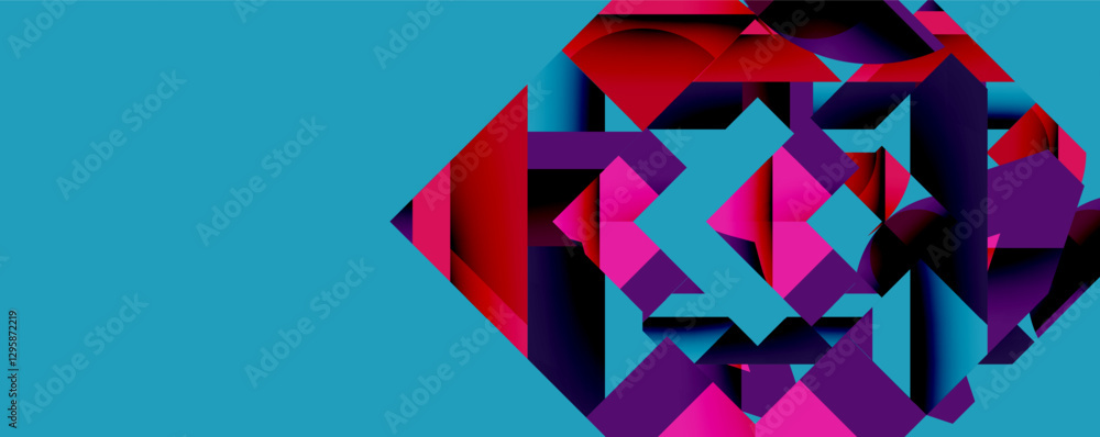 Poster Abstract geometric composition with interlocking circular and angular shapes, featuring smooth gradients and sharp contrasts on a white background