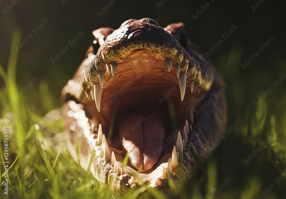 Poster close-up of a large crocodile with mouth open displaying teeth in natural grass environment, capturi
