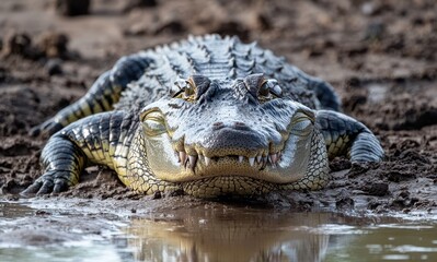 Fototapeta premium Close-Up of a Large Crocodile Resting on the Riverbank Surrounded by Nature and Wetland Habitat in Bright Natural Light